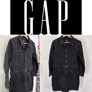 GAP Denim Mini Dress Long Sleeve Pockets Black Wash Button Front Size 12P